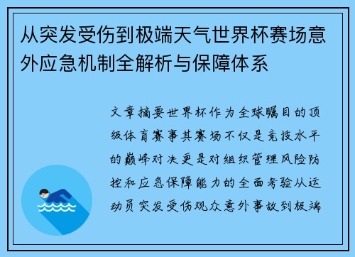 从突发受伤到极端天气世界杯赛场意外应急机制全解析与保障体系 从突发受伤到极端天气世界杯赛场意外应急机制全解析与保障体系